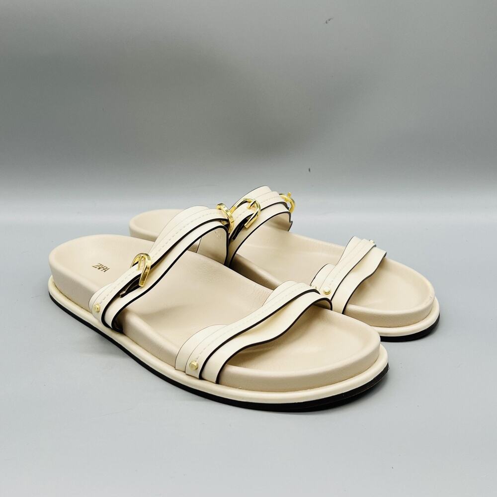 Zara Sandals Womens 8 White Faux Leather Strappy Buckle Slide Flat Shoes Comfort - Picture 2 of 11
